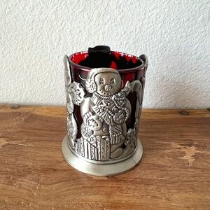 Vintage Home For The Holidays Pewter Votive Holder Snowman Red Glass Insert